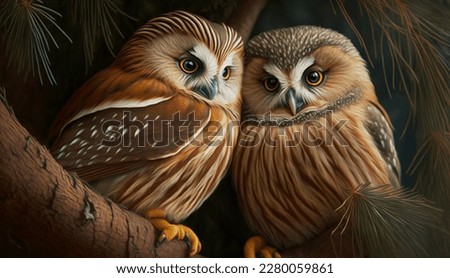Oil painting,Two Northern Saw-whet owls sit hugging each other on the branches.