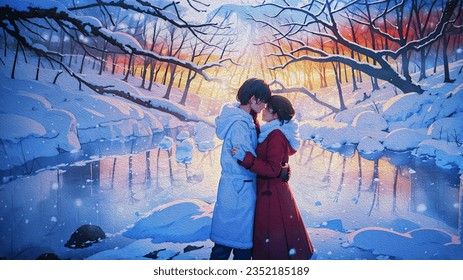 oil painting.young anime couple in love at winter time. - Powered by Shutterstock