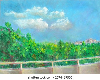 Oil Pastel Drawing - Park View From Balcony