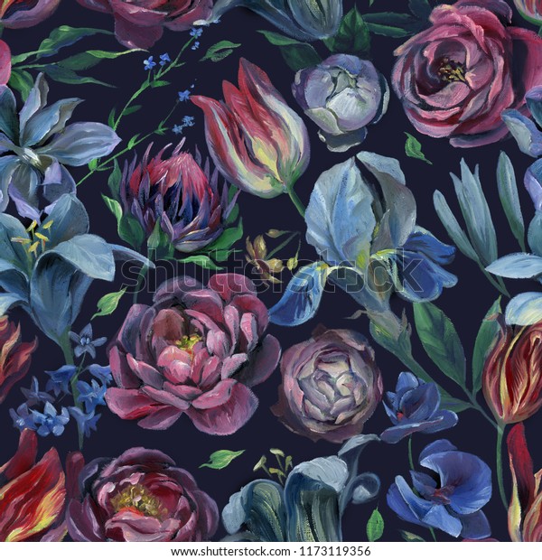 油絵またはパステル絵 暗い青の背景にシームレスな花と葉のパターン 古風の花 のイラスト素材