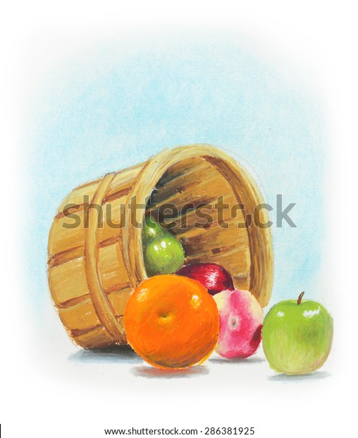 Oil pastel still life painting of a bushel basket\
of green and red apples oranges and a pear in a fall harvest\
drawing concept showing healthy organic and nutritious fruit fresh\
from nature.
