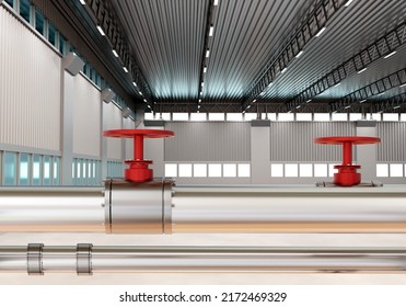 Oil Pipe. Room For Oil Refining. Concept Of Supplying Production With Fuel. Steel Pipe Inside Hangar. Fuel Pipeline Visualization. Red Valves For Adjusting Pressure In Pipe. Fuel Industry. 3d Image.