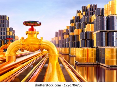 Oil pipeline system business, crude oil petrol production concept: pipes with valves, barrels. Petroleum fuel, oil refinery market, pipe gas industry, energy transportation. 3D industrial illustration