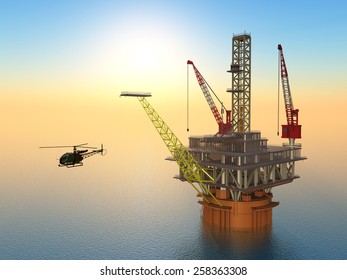 Oil Platform and Helicopter Computer generated 3D illustration