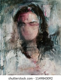 Oil Portrait Sketch Painting. Conceptual Abstract Painting Of A Girl's Beautiful Face. 