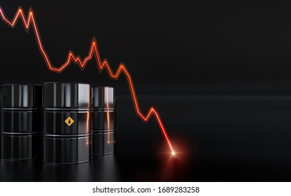 Oil Price Collapse. Coronavirus Covid-19 Impact On Oil Market: Brent Crude, Urals, US West Texas WTI, Dubai, Arab Light. Saudi Arabia Vs Russia Oil Price War. 3D Background: Barrels, Price Chart Crash