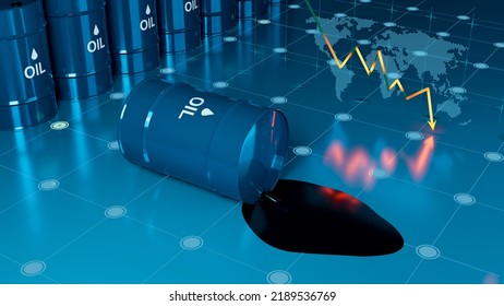 Oil Price Fall, Barrel Fall On Floor Oil Spread. 3D Rendered Image