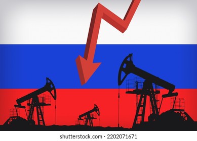 Oil Price Increase Chart On Trading Exchange. Crude Oil Pumpjack On The Background Of Russian Flag. Crude Oil Pump Jack. Fossil Crude Oil. European Sanctions On Russia Because Of The War In Ukraine.