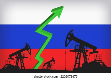 Oil Price Increase Chart On Trading Exchange. Crude Oil Pumpjack On The Background Of Russian Flag. Crude Oil Pump Jack. Fossil Crude Oil. European Sanctions On Russia Because Of The War In Ukraine.