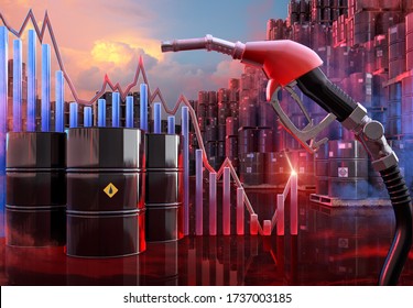 Oil Prices Jump As Lockdowns Ease And Supplies Tighten. Coronavirus Covid-19 Impact On Oil Fuel Market 3D Background: Fuel Gasoline Pump Nozzle Gun, Oil Barrels, Petrol, Gasoline, Diesel Price Chart