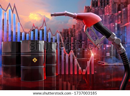 Oil prices jump as lockdowns ease and supplies tighten. Coronavirus covid-19 impact on oil fuel market 3D background: fuel gasoline pump nozzle gun, oil barrels, petrol, gasoline, diesel price chart