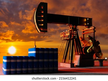 Oil Production Company. Natural Resource Extraction. Oil Rigs On Background Evening Sky. Oil Export Company. Fuel Industry. Global Energy Market Concept. Petroleum Pump And Blue Barrels. 3d Image.