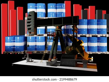 Oil Production. Crude Oil Pump Jack At Oilfield On Atmospheric Sunset Backround. Oil Pump Rig. Pump Jack And Oil Tank Silhouette. 3D Image