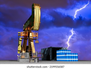 Oil Production. Crude Oil Pump Jack At Oilfield On Atmospheric Sunset Backround. Oil Pump Rig. Pump Jack And Oil Tank Silhouette. 3D Image