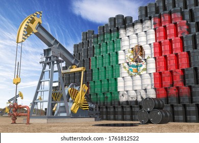 Oil production and extraction in Mexico. Oil pump jack and oil barrels with Mexican flag. 3d illustration