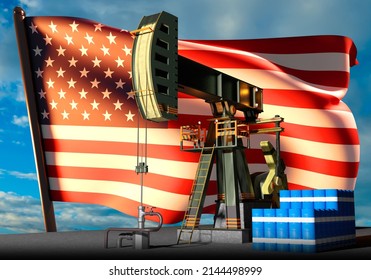 Oil Production In USA. Oil Industry United States. Blue Barrels Of Petroleum. Oil Rig In Front American Flag. Extraction Of Shale Petroleum In America. Export Of Energy Resources From USA. 3d Image.