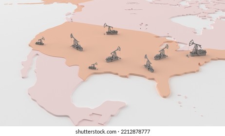 Oil Production In The Usa On The Map, Oil Derrick On The Map Of America, Simple 3d Illustration.