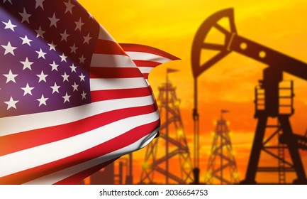 Oil Production In USA. Oil Rigs With American Flag. Oil Industry In USA. Extraction Of Petrolium In United States Of America. USA Flag Near Sunset. Production Of Hydrocarbons In US. 3d Image