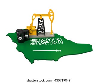 Oil Pump And Oil Barrels On Saudi Arabia Map. 3D Rendering