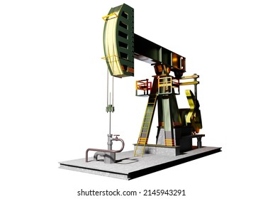 Oil pump. Derrick for extraction of crude oil. Oil pump isolated on white. Extraction of energy resources and hydrocarbons. Shale petroleum mining concept. Technology of petrol extraction. 3d image.
