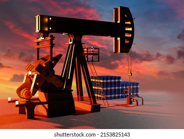 Oil Pump. Development Of Shale Oil Fields. Blue Barrels With Crude Petroleum. Oil Pump At Sunset. Development Of Shale Hydrocarbon Deposits. Extraction Of Energy Resources From Earth. 3d Rendering.