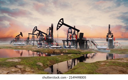 Oil pump, oil industry equipment, drilling derricks silhouette from oil field at sunset. Energy supply crisis, power supply, energy crisis. 3D rendering illustration with dramatic sky