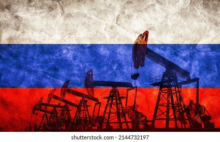 Oil Pump Jack On Flag Of Russia. Russian Petroleum Extraction 3d Render