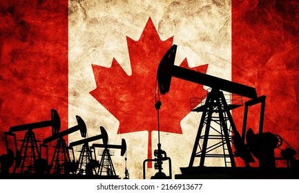 Oil Pump Jack On Flag Of Canada. Canadian Petroleum Extraction 3d Render