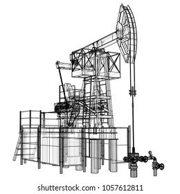 Oil Pump Jack In Wire-frame Style. 3d Illustration