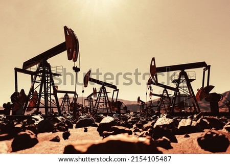 Oil pump jack work on oilfield. Drill and petroleum extraction 3d render