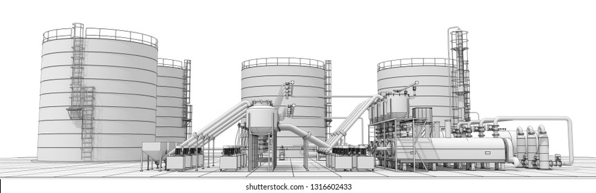 Oil Refinery, Chemical Production, Waste Processing Plant, Exterior Visualization, 3D Illustration