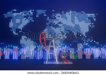 Oil rig with world map background and glowing blue financial graphs..