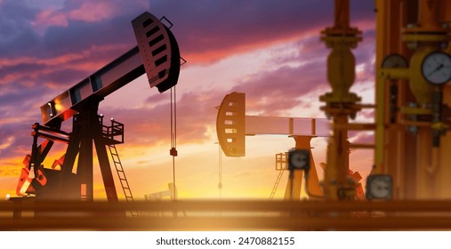 Plataformas petrolíferas. Depósitos de petróleo. Producción de petróleo crudo. Infraestructura de combustible. Plataformas petrolíferas al atardecer. Producción de petróleo. Lugar de extracción de materias primas para la producción de gasóleo. Imagen 3d