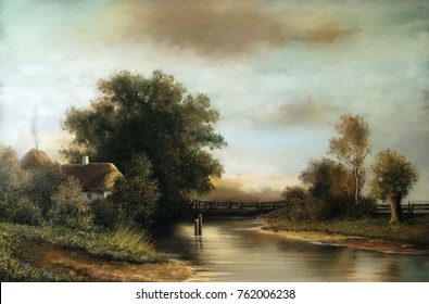 Oil rural landscape paintings, river, village, fine art, digital paint.
