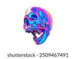 Oil slick skull on white background. Skull has mouth open. 3D rendering.