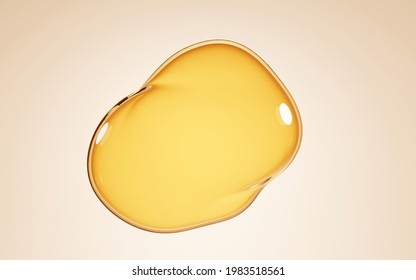 Oil stain, puddles serum or honey isolated on beige background. Mockup liquid cosmetic or food oil, gold serum, collagen essence, 3d illustration, top view on clear yellow water, laboratory research
