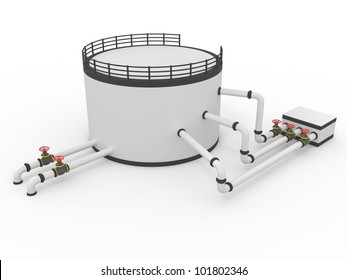 Oil Storage Tank And Pipeline On A White Background