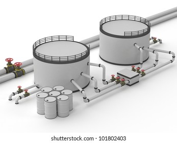 Oil Storage Tank And Pipeline On A White Background