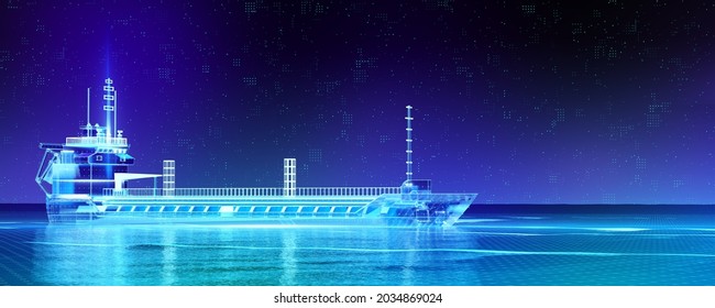 Oil tanker ship on blue digital hi tech futuristic background. quality 3d render metaphor for global logistics tracking. Big data economy. AI VR holograms.