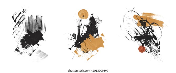 Oil Texture. Acrylic Paint. Textured Arrangements. Black Dark Ink Terracotta Orange Yellow Gold Illustration Elements. Background. Abstract Modern Print Set. Wall Art. Poster. Business Card. Wallpaper