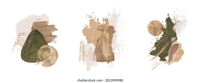 Oil texture. Acrylic paint. Textured arrangements. Green khaki olive brown beige blush white gold illustration elements. Background. Abstract modern print set. Logo. Wall art. Poster. Business card.