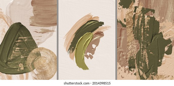 Oil texture. Acrylic paint. Textured arrangements. Green khaki olive brown beige blush pink gold illustration elements. Background. Abstract modern print set. Logo. Wall art. Poster. Business card.