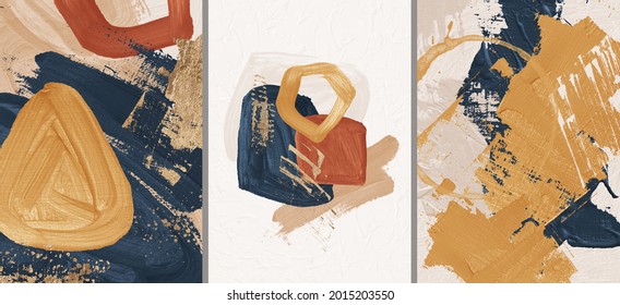 Oil texture. Acrylic paint. Textured arrangements. Terracotta orange yellow brown blush navy blue gold illustration elements. Background. Abstract modern print set. Wall art. Poster. Business card.