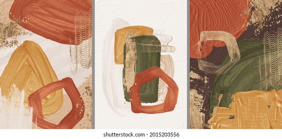 Oil texture. Acrylic paint. Textured arrangements. Terracotta orange green khaki olive yellow blush brown gold illustration elements. Background. Abstract modern print set. Wall art. Business card.
