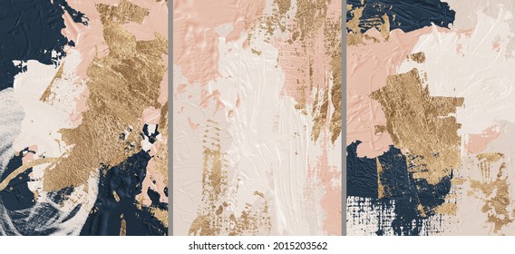 Oil texture. Acrylic paint. Textured arrangements. Navy, blue, blush, pink, white, beige, brown gold illustration and elements. Background. Abstract modern print set. Wall art. Poster. Business card.