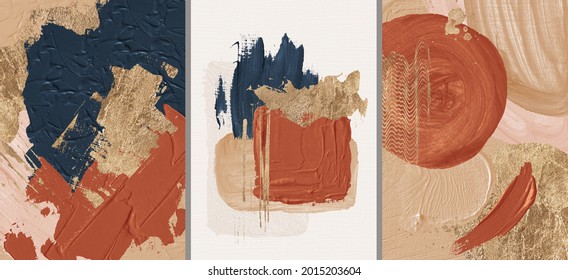 Oil texture. Acrylic paint. Textured arrangements. Terracotta orange brown blush navy white blue gold illustration elements. Background. Abstract modern print set. Wall art. Poster. Business card.