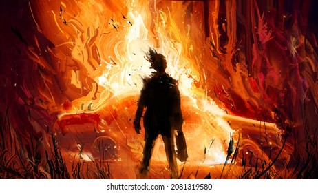 An Oil Texture Illustration With A Silhouette Of A Man With A Gasoline Can In His Hand, He Stands And Looks At His Car Burning Brightly In Front Of Him In The Middle Of The Night Forest. 2d Art 