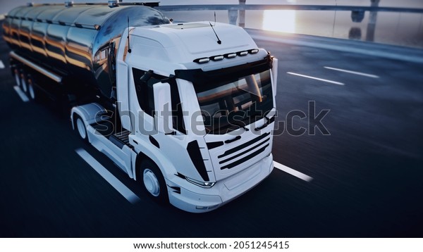 Oil truck on highway. Very fast driving.\
Delivery concept. 3d\
rendering.