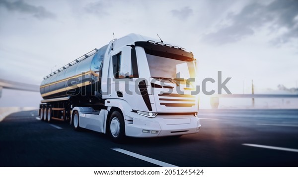 Oil truck on highway. Very fast driving.\
Delivery concept. 3d\
rendering.