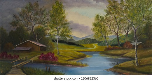 Oilpainting of a hilly landscape with barns and a wooden bridge over a small river